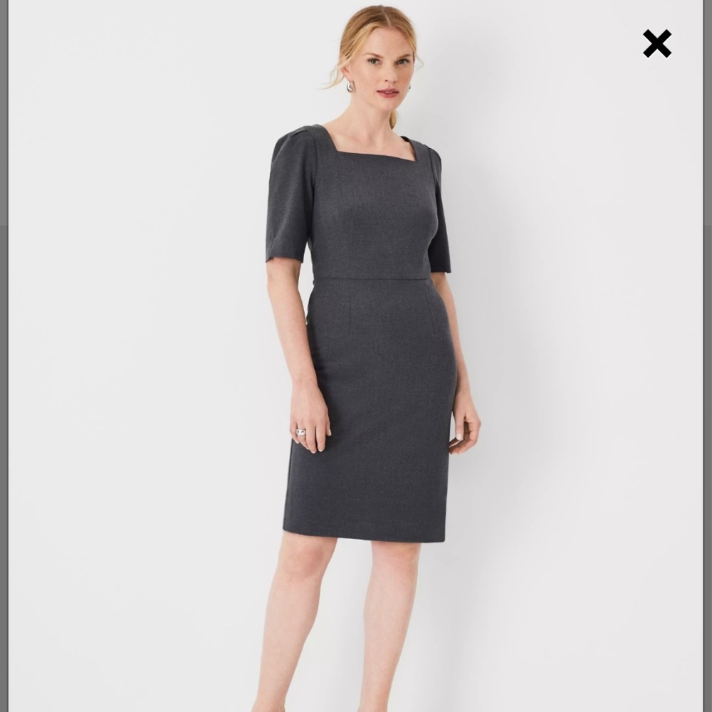 Ann Taylor The Elbow Sleeve Square Neck Dress in Seasonless Stretch in charcoal